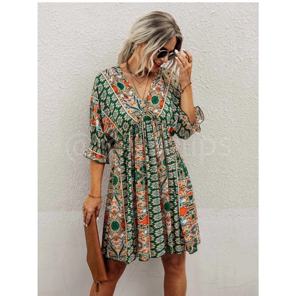 Multicolor Tribal Paisley Print Green Mini Babydoll Dress V-Neck - Picture 2 of 6